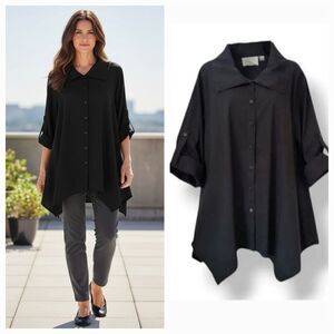 INAE Collection Handkerchief Hem Button Down Roll Tab Sleeve Tunic Top in Black